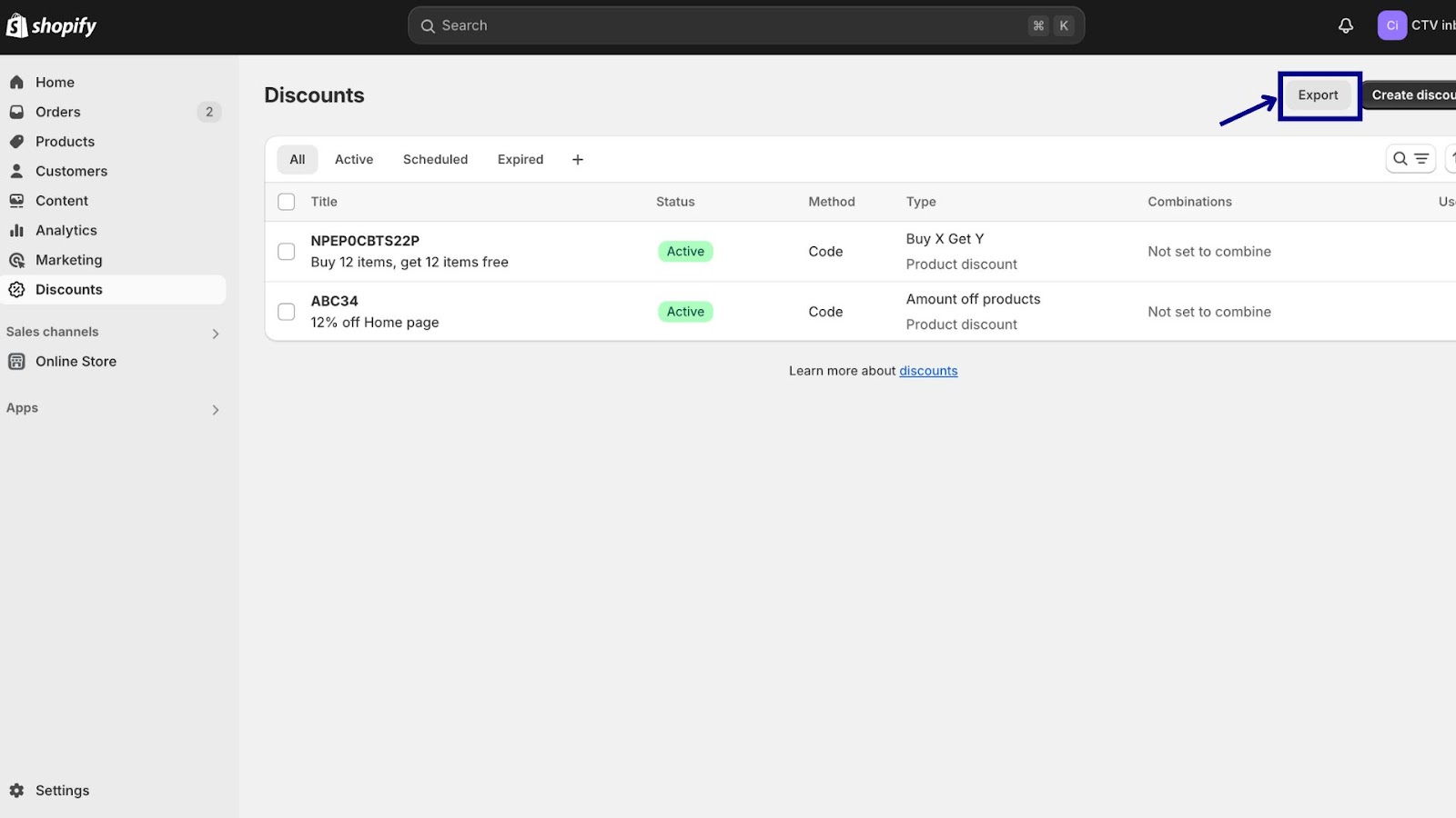 export discount codes Shopify